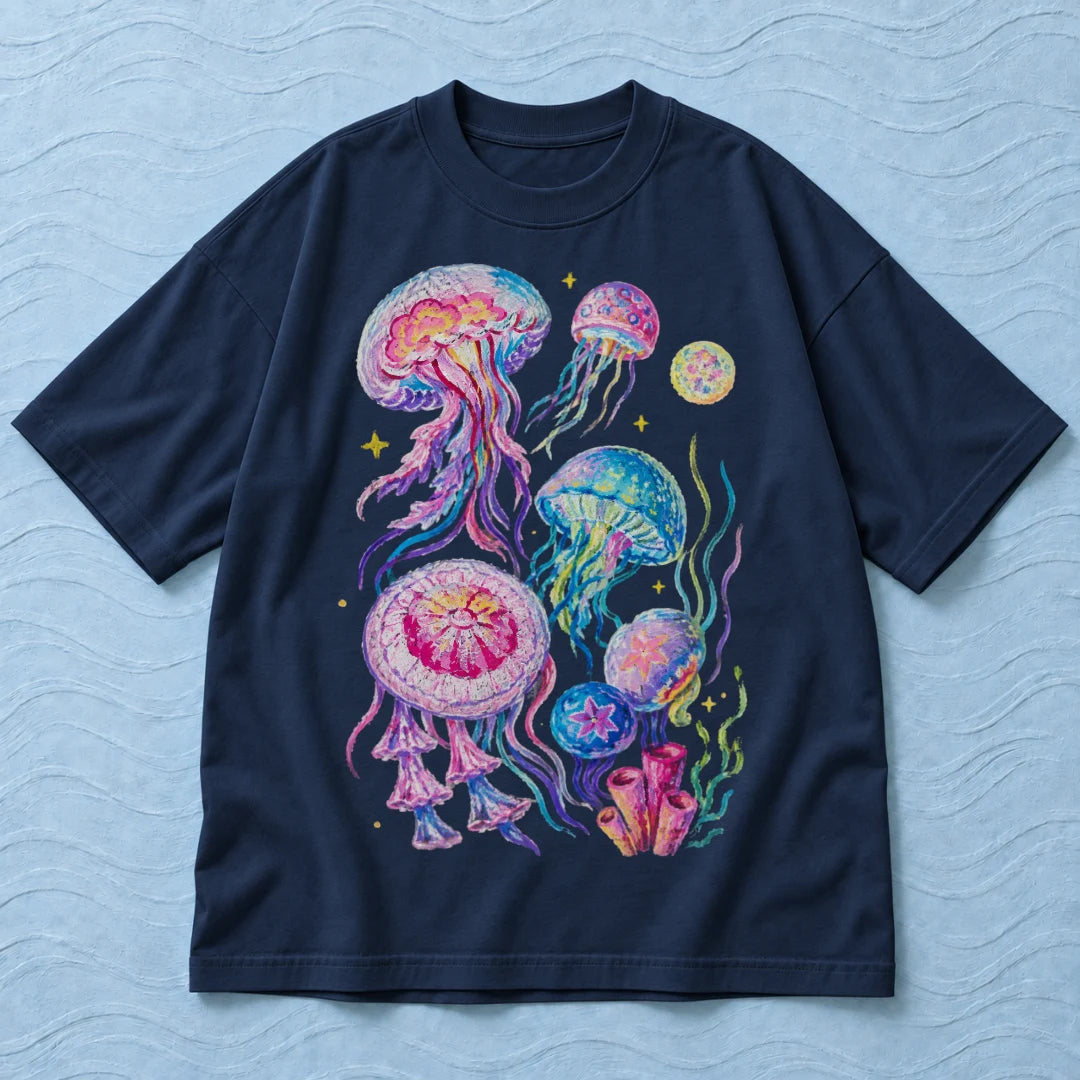 Camiseta Oversized Água-Viva dos Corais Azul Marinho 100% algodão — AquaShirt