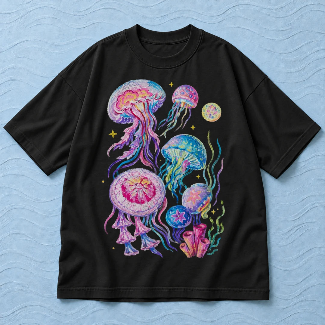 Camiseta Oversized Água-Viva dos Corais Preto 100% algodão — AquaShirt