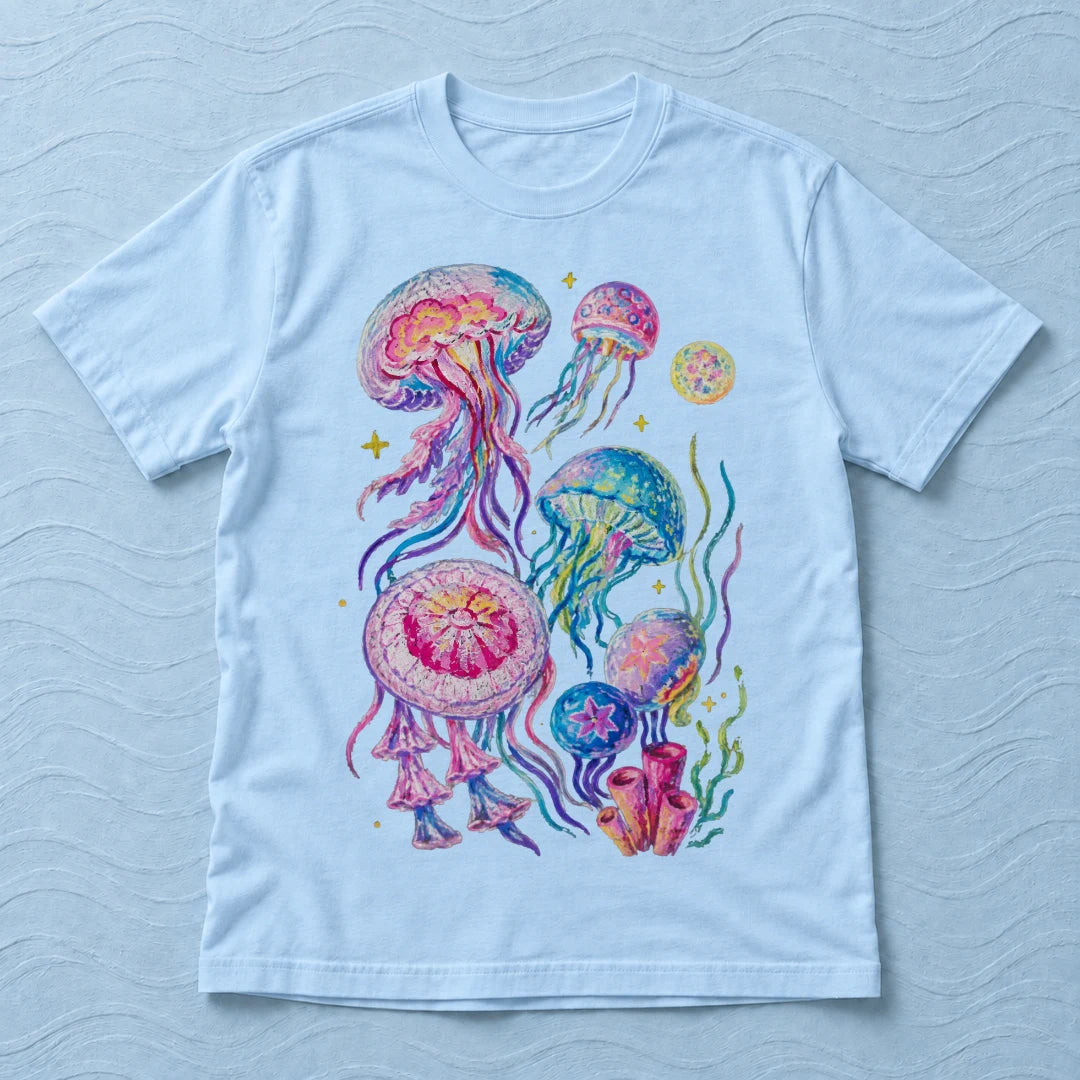 Camiseta Regular Água-Viva dos Corais Azul Bebê 100% algodão — AquaShirt
