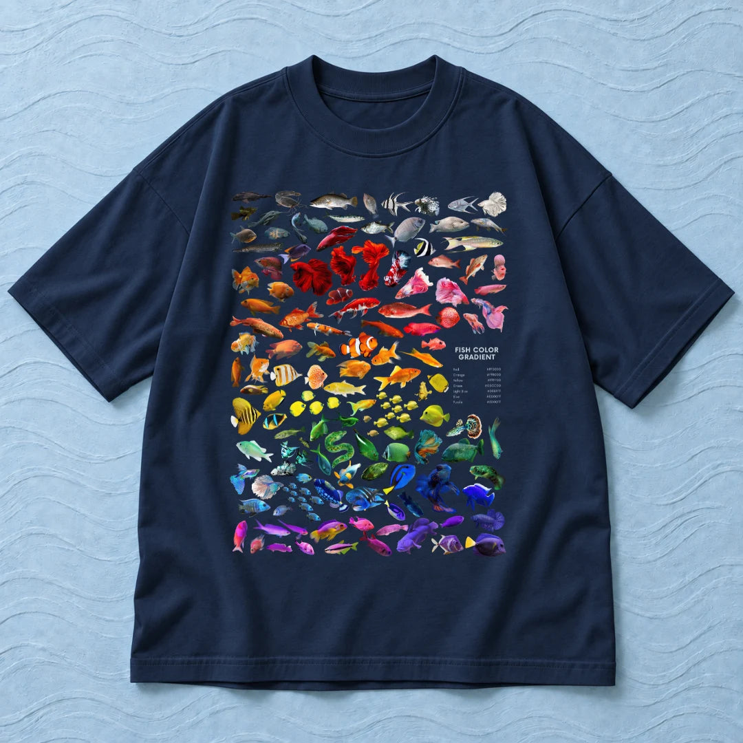 Camiseta Oversized Arco-Íris de Peixes Azul Marinho 100% algodão — AquaShirt