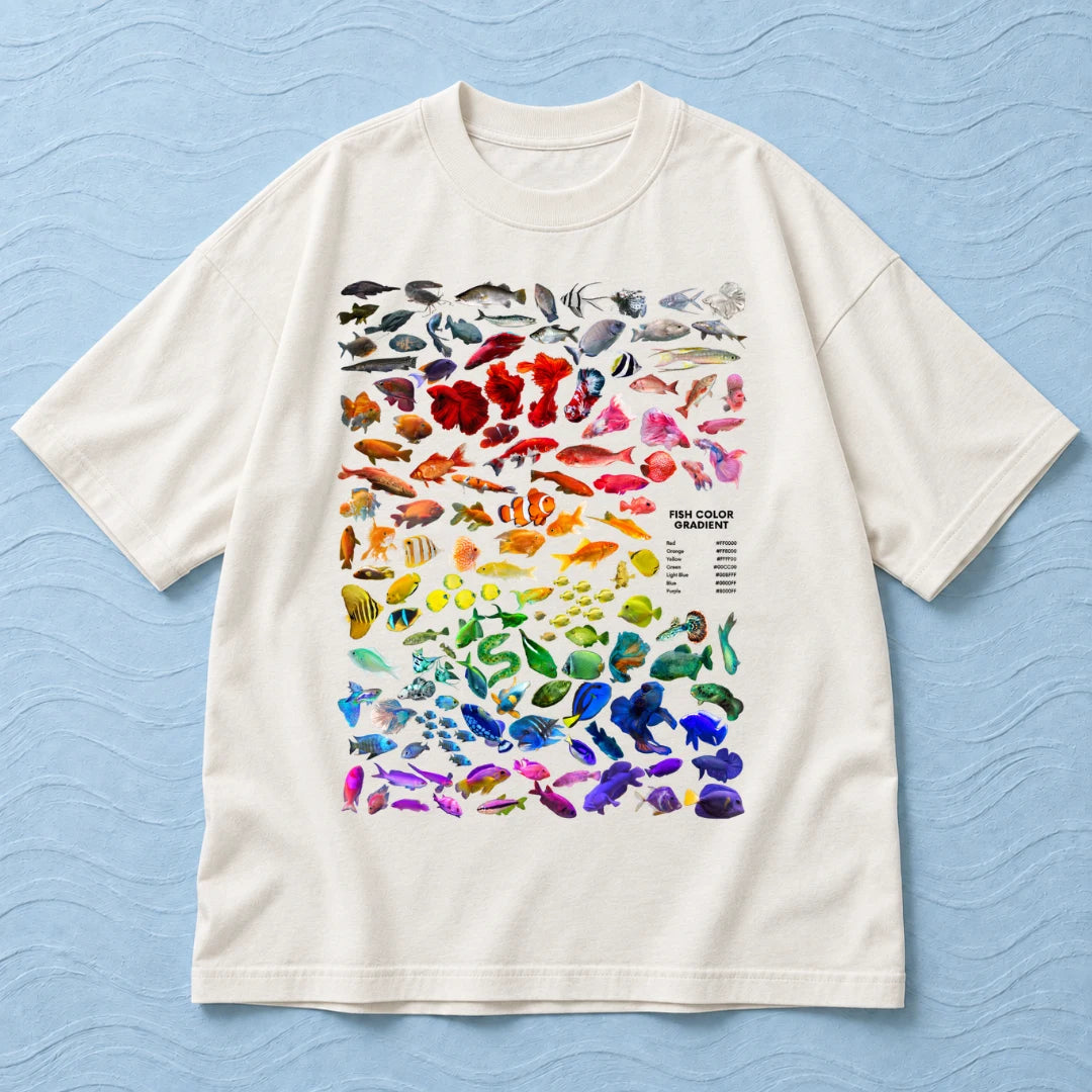 Camiseta Oversized Arco-Íris de Peixes Off White 100% algodão — AquaShirt