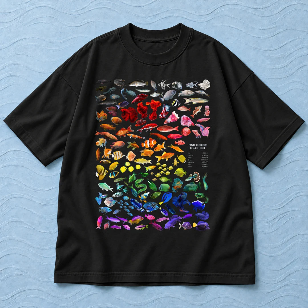 Camiseta Oversized Arco-Íris de Peixes Preto 100% algodão — AquaShirt