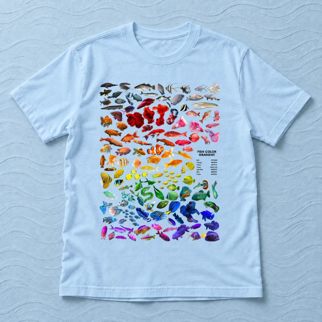 Camiseta Regular Arco-Íris de Peixes Azul Bebê 100% algodão — AquaShirt