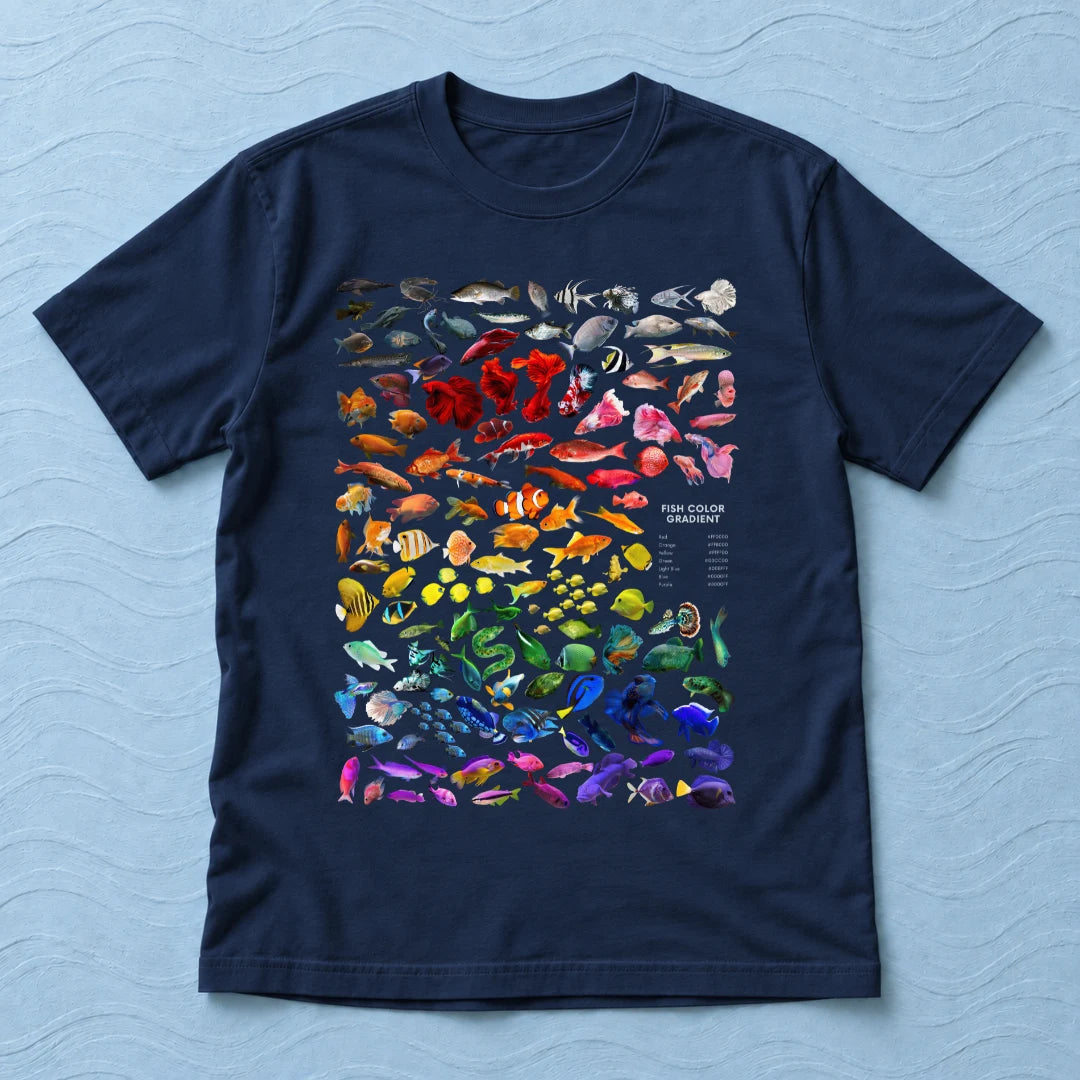 Camiseta Regular Arco-Íris de Peixes Azul Marinho 100% algodão — AquaShirt