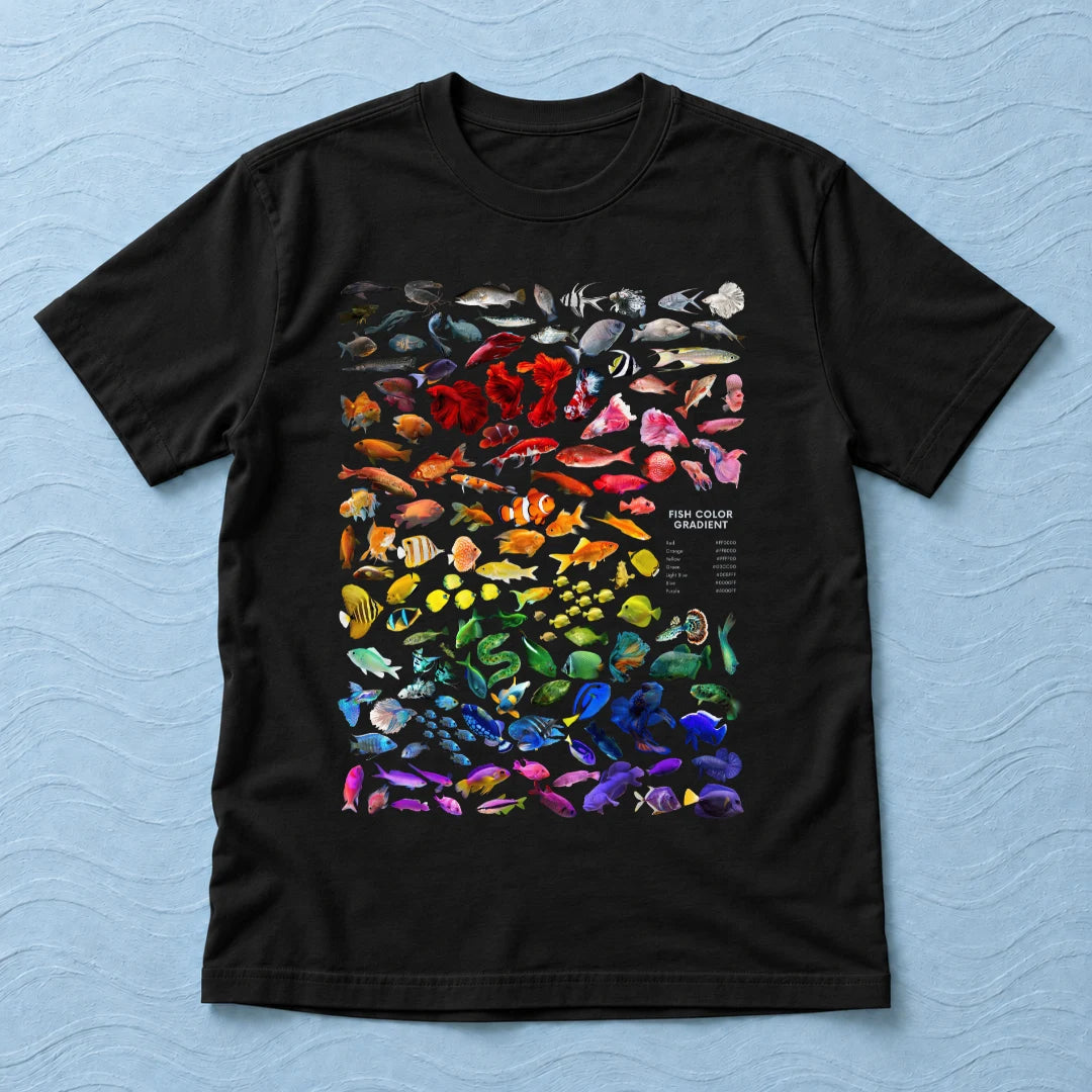 Camiseta Regular Arco-Íris de Peixes Preto 100% algodão — AquaShirt