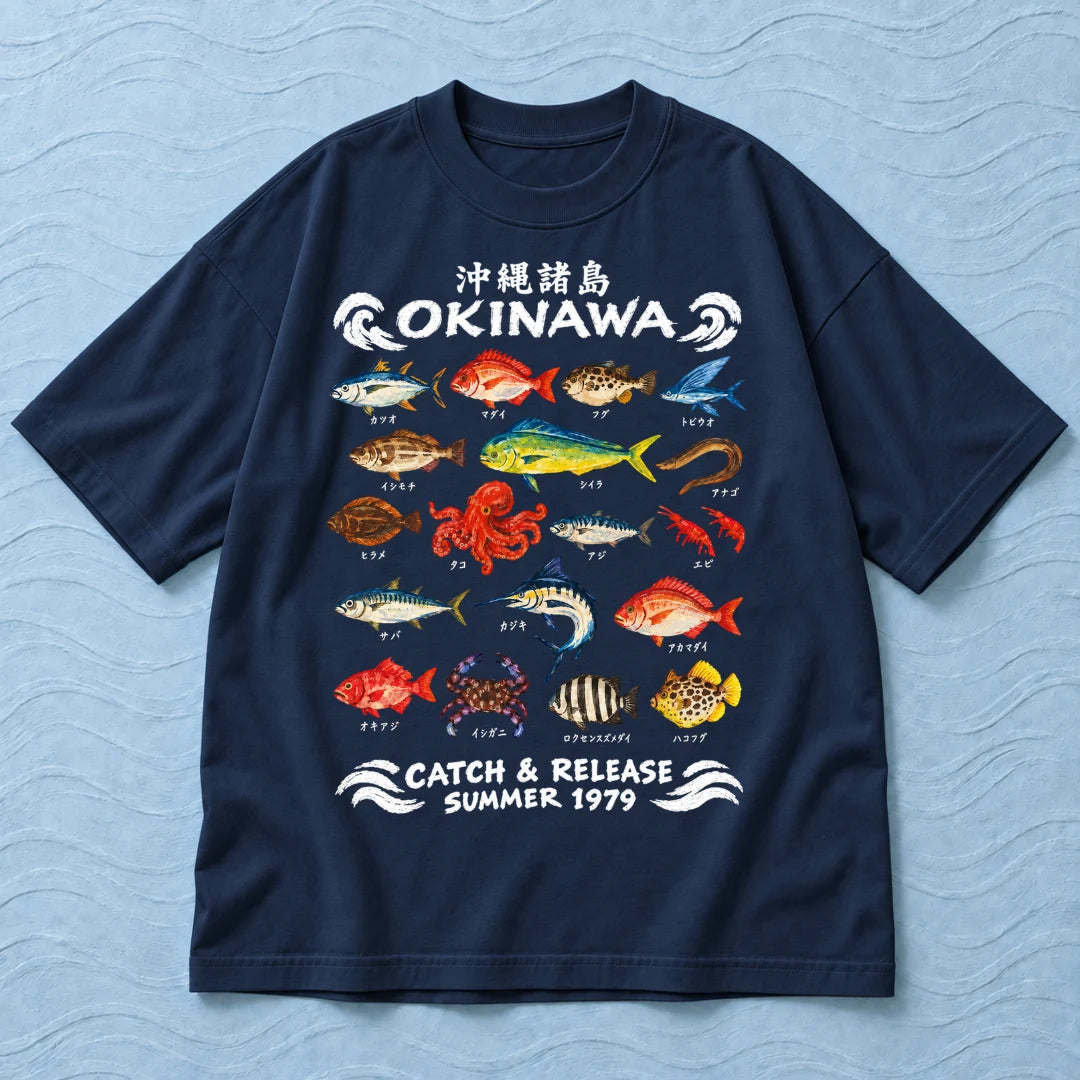 Camiseta Oversized Okinawa 1979 Azul Marinho 100% algodão — AquaShirt