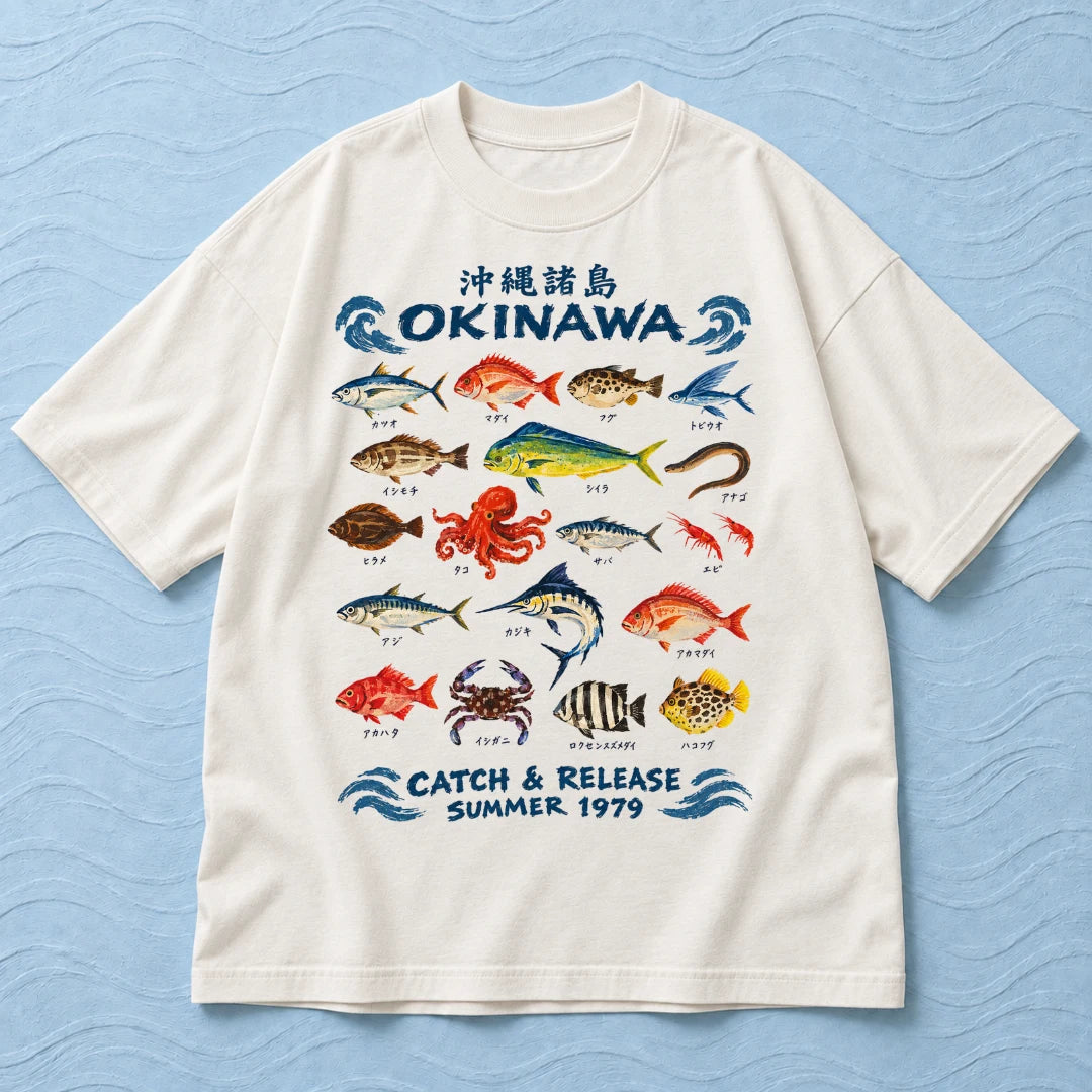 Camiseta Oversized Okinawa 1979 Off White 100% algodão — AquaShirt