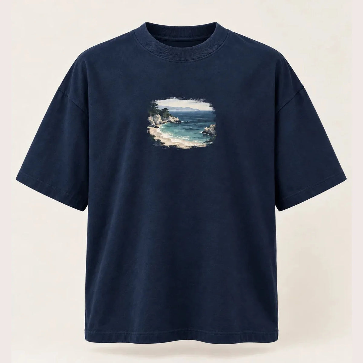Camiseta Oversized Enseada Serena Azul Marinho 100% algodão — AquaShirt