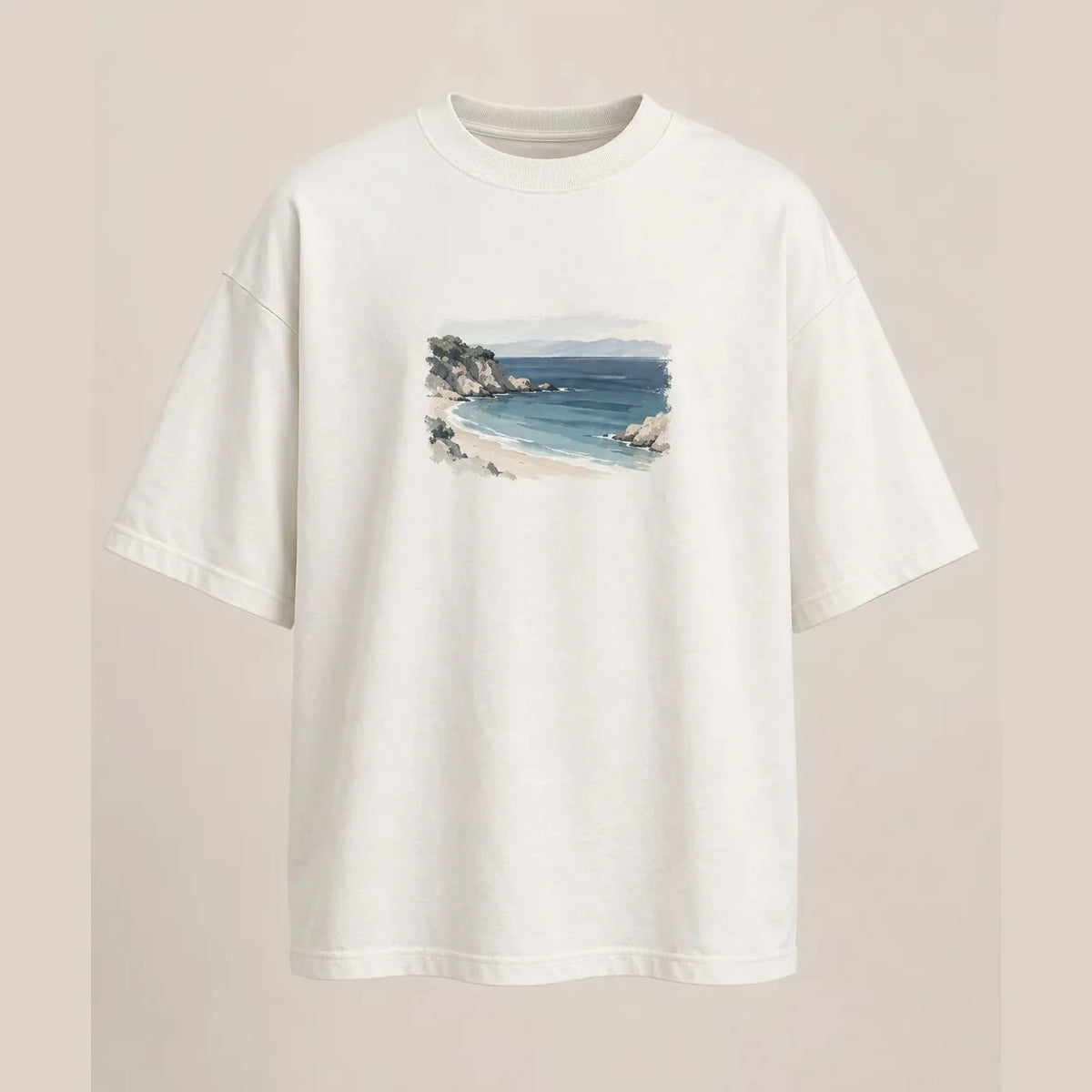 Camiseta Oversized Enseada Serena Off White 100% algodão — AquaShirt