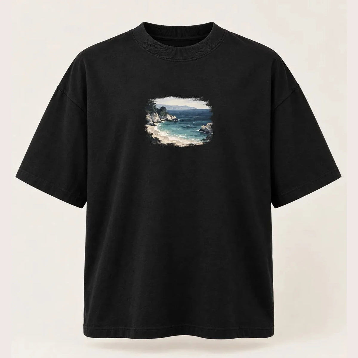 Camiseta Oversized Enseada Serena Preta 100% algodão — AquaShirt
