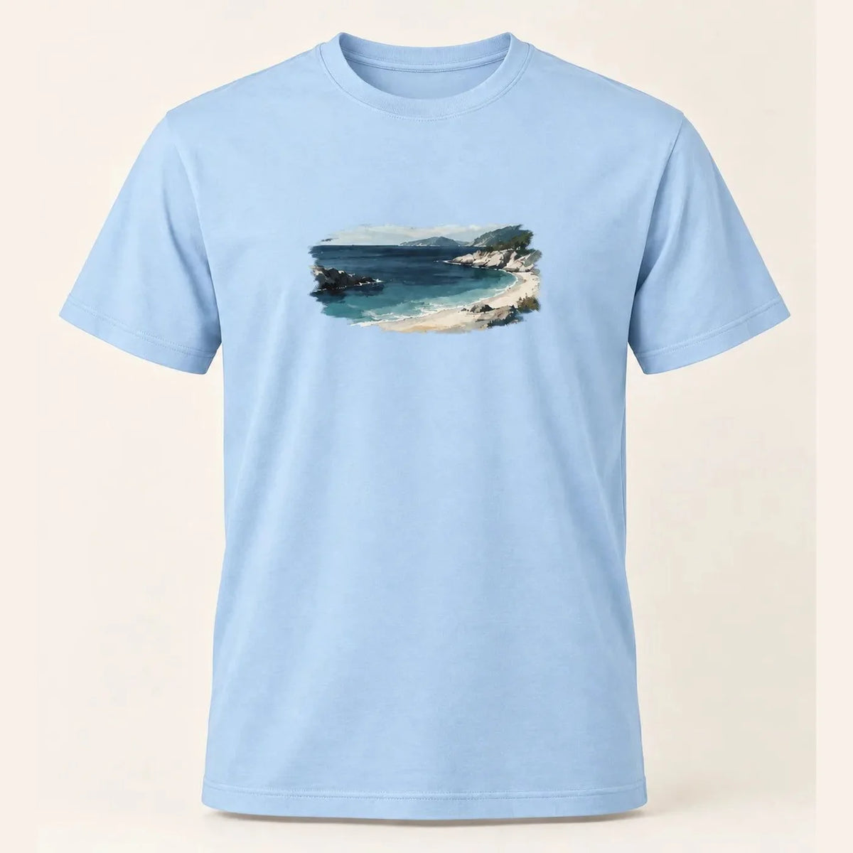 Camiseta Regular Enseada Serena Azul Bebê 100% algodão — AquaShirt