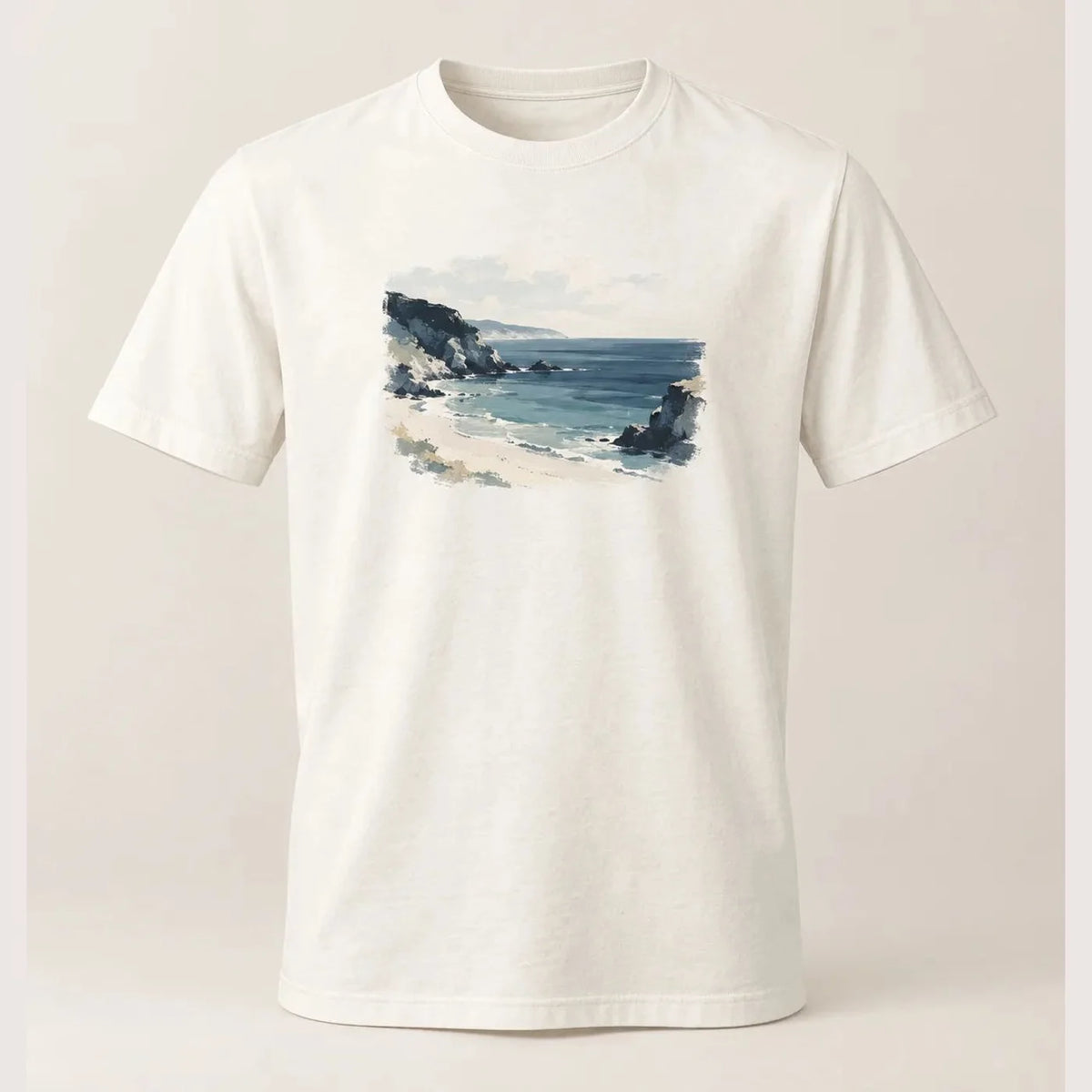 Camiseta Regular Enseada Serena Off White 100% algodão — AquaShirt
