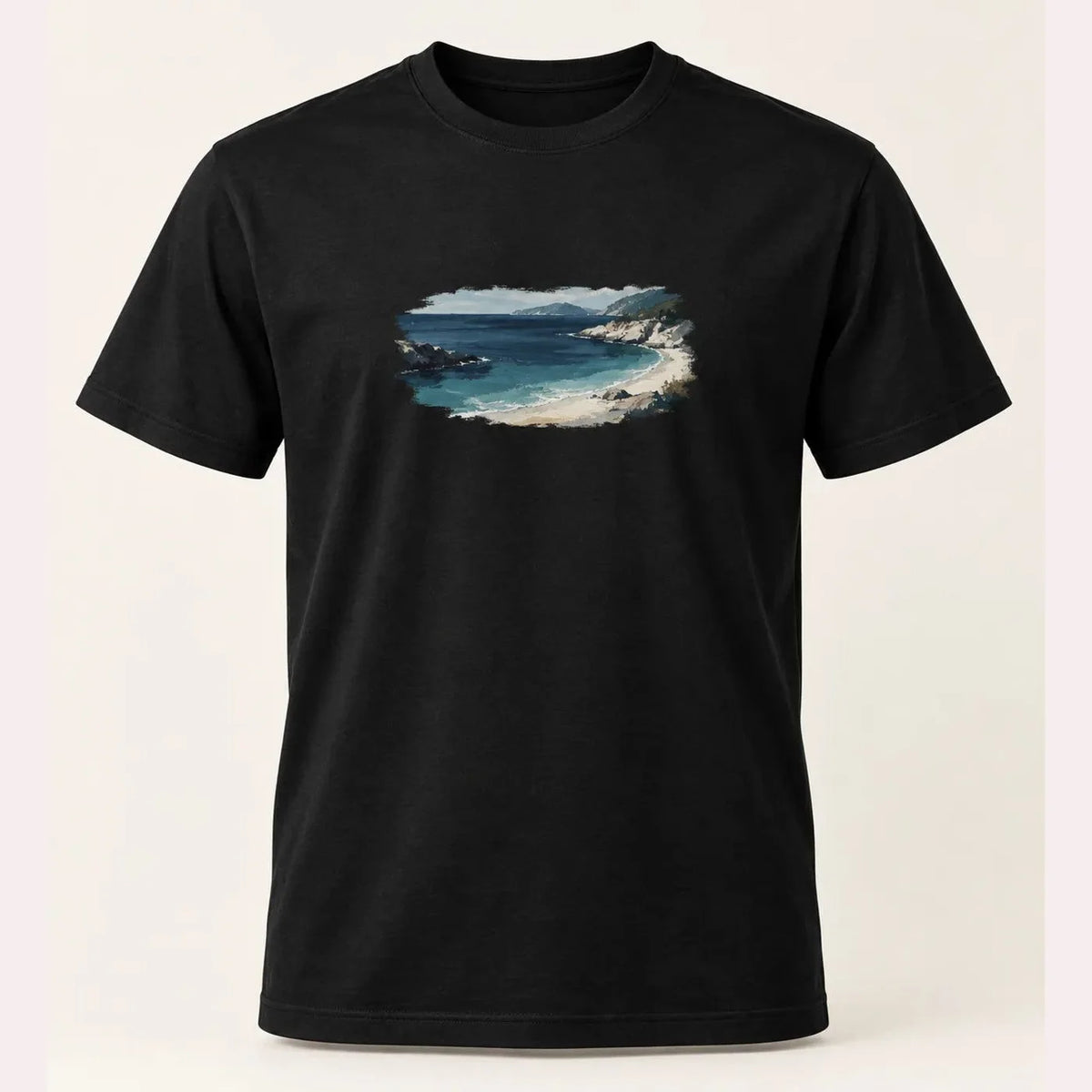 Camiseta Regular Enseada Serena Preta 100% algodão — AquaShirt