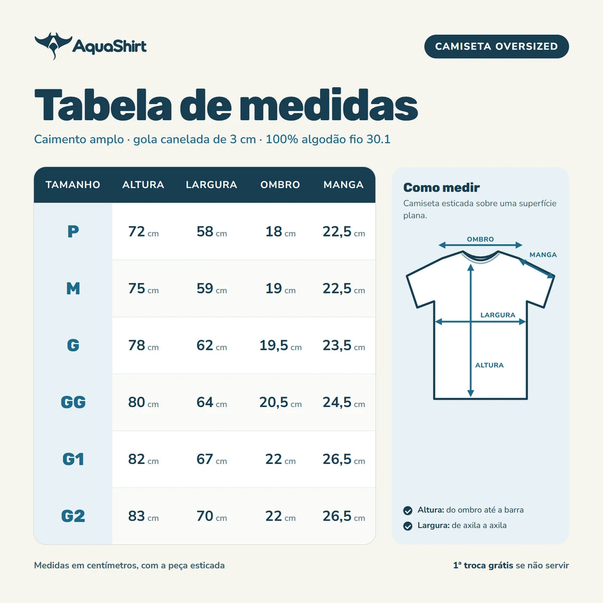 Tabela de medidas da camiseta Oversized AquaShirt, do P ao G2