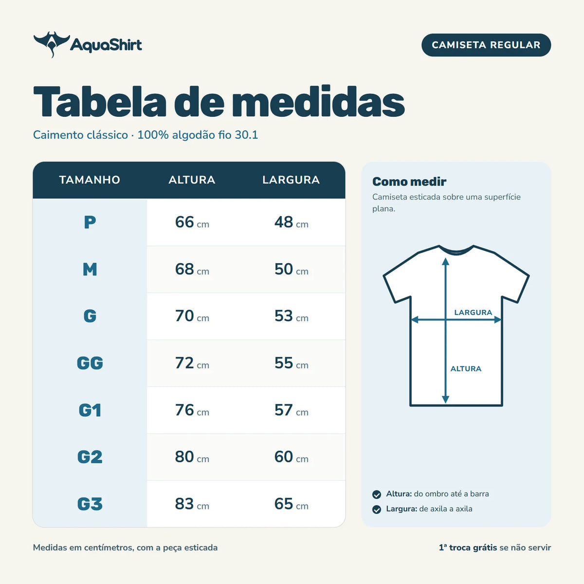 Tabela de medidas da camiseta Regular AquaShirt, do P ao G3